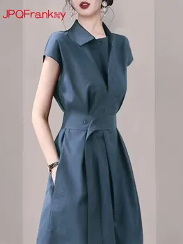 Gaun Ikat Pinggang Gaya High-end Retro Gaun Rok Kemeja Pas Prancis Wanita Baru Musim Panas 2023 untuk Wanita Gaun Maxi untuk Wanita