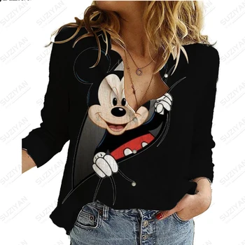 Kemeja Lengan Panjang Wanita Gambar 3D Disney Musim Panas Kardigan Kancing Elegan Kasual Kemeja Sifon Mickey Mouse Minnie Bersirkulasi