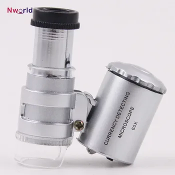 Mini 60x Handheld Microscope Loupe Mendeteksi Mata Uang dengan Lampu LED dan UV