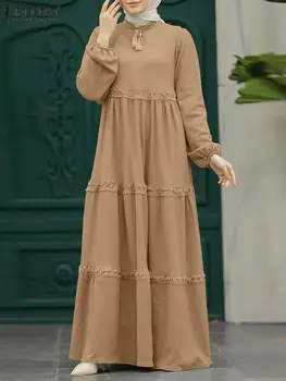 Gaun Hijab Muslim Wanita ZANZEA Gaun Maxi Ruffles Lengan Panjang Abaya Dubai Jubah Mubarek Isamic Vestido Panjang Turki Kaftan