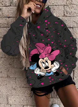 Rasa Desain 2022 Kaus Kartun Disney Minnie Can Tie Dye Wanita Hoodie Musim Gugur Musim Dingin Atasan Saku Serbaguna Mode Jalanan Atasan Saku Serbaguna