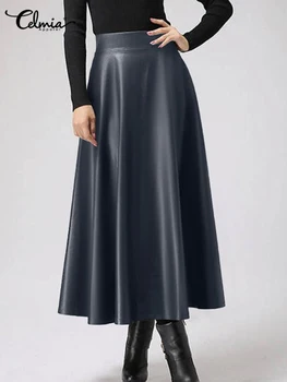 Celmia Rok Midi Wanita Musim Gugur 2023 Streetwear OL Kasual Longgar Rok Fashion Elegan PU Kulit A-Line Panjang Pinggang Tinggi Jupes