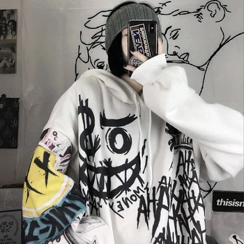 Hoodies Wanita Kaus Bertudung Kebesaran Punk Lucu Kartun Gotik Hip Hop Jepang Atasan Hoodie Wanita Lengan Panjang Musim Gugur Atasan Hoodie Wanita Lengan Panjang