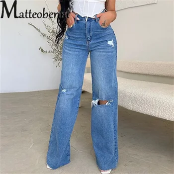 Jeans Serbaguna Jalanan Pinggang Tinggi Modis Celana Denim Kaki Lebar Lurus Wanita Celana Lubang Rusak Dasar Kasual Harian Wanita