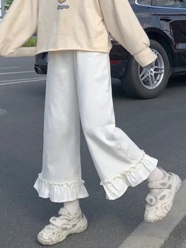 Celana Cropped Manis Celana Panjang Lucu Lolita Ruffle Pinggang Tinggi Gadis Kawaii Jepang Celana Gaya Preppy Streetwear Kasual Adik Lembut Celana Gaya Preppy