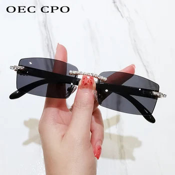 OEC CPO Kacamata Hitam Berlian Tanpa Bingkai Kacamata Matahari Persegi Panjang Antik Wanita Kacamata Persegi Berlian Imitasi Warna Gradien