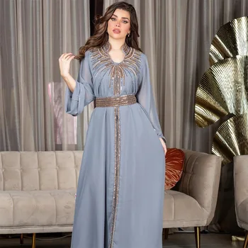 Berlian Mewah Timur Tengah Kaftan Jubah Arab Gaun Sifon Lengan Panjang Suar Sabuk Kristal Mode Jalabiya Muslim untuk Wanita