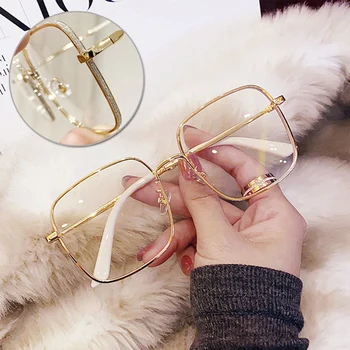 Kacamata Polos Fashion Bingkai Logam Wanita Kacamata Lensa Datar Hitam Perak Emas Kacamata Baca Cahaya Biru Berkilau Kacamata Bingkai Besar