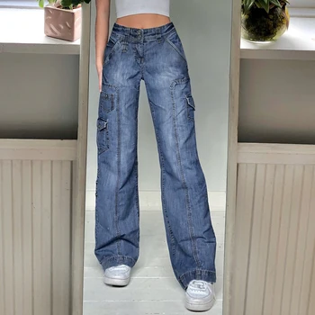 Jeans Kargo Antik 90-an Celana Denim Ibu Longgar Kaki Lebar Pinggang Tinggi Y2K Saku Mode Wanita Celana Panjang Oversized Harajuku
