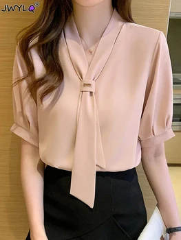 Atasan Sifon Leher V yang Elegan Kemeja Wanita Pita Korea 2022 Blus Kemeja Lengan Pendek Wanita Kantor Yang Apik Atasan Dasi Kupu-kupu Mode Shir Dasi Kupu-kupu