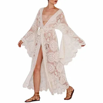 Maxi Boho Kimono Kaftan Cover - Up Gaun Jubah Wanita Gaun Pantai Bungkus Rajutan Renda Tipis Kardigan Depan Terbuka Panjang Putih untuk Wanita