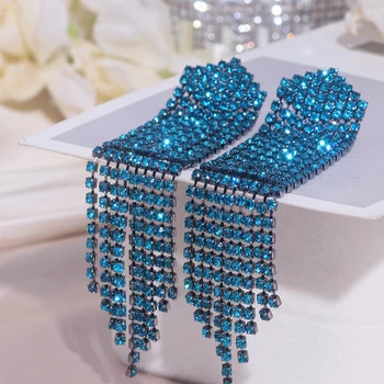Trendi Mengkilap Penuh Kristal Panjang Rumbai Drop Anting-Anting untuk Wanita Bijoux Berlian Imitasi Rantai Anting-Anting untuk Wanita Pesta Pernikahan Perhiasan