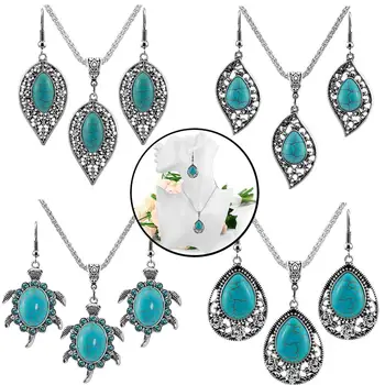 3 Pcs / set Vintage Wanita Faux Turquoise Turtle Drop Daun Liontin Anting-Anting Perhiasan Hadiah Hari Valentine Set De Aretes 2020