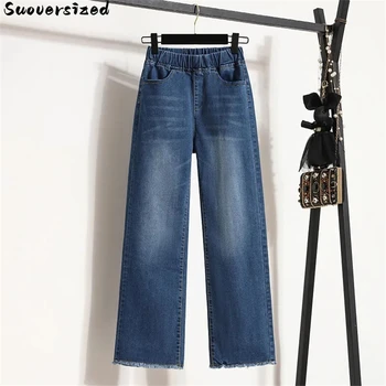 Jeans Kaki Lebar Longgar Klasik Oversize 4XL Celana Denim Wanita Vaqueros Korea Yang Diputihkan Celana Sepanjang Mata Kaki Pantalon Pinggang Tinggi Elastis