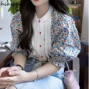 Blus Vintage Wanita Kemeja Lengan Puff Leher O Pakaian Fashion Kemeja Bunga 2023 Blusas De Mujer Blus Musim Panas Atasan Korea
