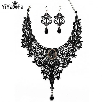 YiYaoFa Set Perhiasan Berlebihan Buatan Tangan Perhiasan Gotik Kalung & Anting Renda Hitam Aksesori Wanita Perhiasan Pesta FYS-02