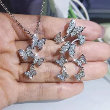 Set Perhiasan Empat Kupu-kupu Baru yang Indah dan Serbaguna Set Kalung Anting-anting Cincin Set Perhiasan Pernikahan Pengantin Set Perak 925