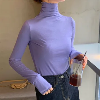 Sweter Turtleneck Tipis Musim Semi Kaus Atasan Ramping Mode Wanita Atasan Dalam Yang Nyaman Lembut Kaus Lengan Panjang Kasual Pakaian Kantor