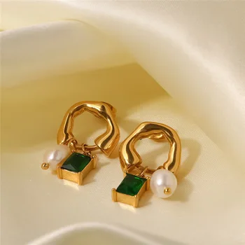 Anting-Anting Hoop Baja Tahan Karat Berlapis Emas 14K untuk Wanita Antik Batu Alam Hijau Mutiara Alam Perhiasan Trendi Perhiasan Trendi