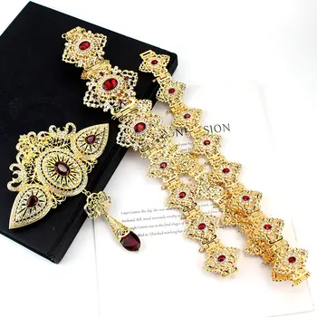Sunspicems Set Perhiasan Pernikahan Maroko Bros Sabuk Kaftan untuk Wanita Hadiah Pengantin Kristal Merah Warna Emas