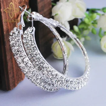 Treazy Fashion Wanita Perhiasan Berlapis Perak 40 Mm 2 Baris Diamante Berlian Imitasi Kristal Anting-Anting Bulat Anting-Anting Hoop Pernikahan Perhiasan