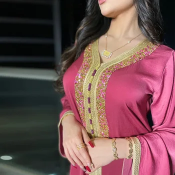 Eid Satin Abaya Dubai Jalabiya Gaun Muslim Turki Islam Jubah Longue Djelaba Femme Musulman Gaun untuk Wanita Kaftan Marocain