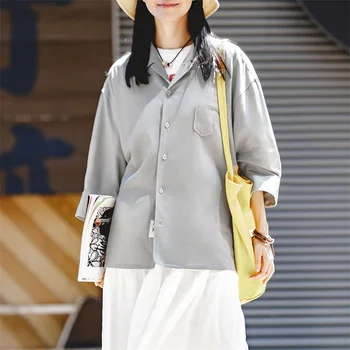 Maden Wanita Jepang Retro 3/4 Lengan Katun Linen Kemeja Kasual Bernapas Kebesaran Tombol Bawah Kemeja Vintage Abu-abu Blus