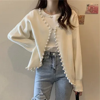 Sweater Versi Korea Tren Mode Sweater Longgar Mutiara Wanita Kardigan Warna Solid Lengan Panjang Musim Gugur Dan Musim Dingin Baru