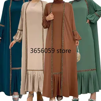2 Buah Set Gaun Kimono Muslim Ramadhan untuk Wanita Dubai Terbuka Abaya Turki Maroko Kaftan Jubah Arab Gaun Pesta Malam Jalabiya