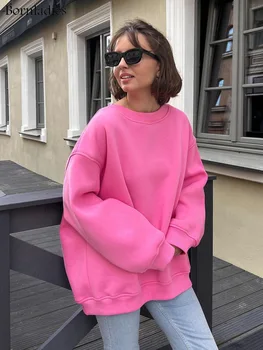 Bornladies Hoodies Kebesaran & Kaus untuk Wanita Kaus Bulu Hangat Tebal Musim Gugur Musim Dingin Anak Perempuan Streetwear Pullover Longgar