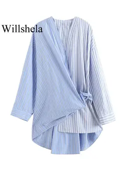 Willshela Fashion Wanita dengan Pita Biru Bergaris Perban Blus Vintage V-Neck Lengan Panjang Wanita Chic Wanita Kemeja