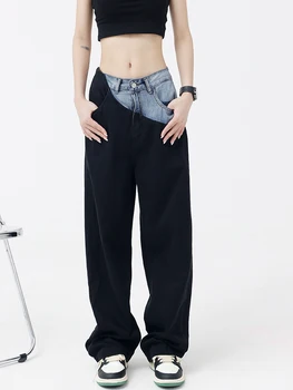 Jeans Hitam Wanita Pinggang Tinggi Antik Streetwear Fashion Korea Jeans Kaki Lebar Celana Denim Wanita Celana Denim Ibu Longgar Lurus Celana Denim