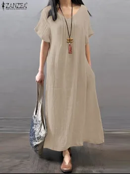 Zanzea Wanita Fashion A Line Gaun Solid Leher V Lengan Pendek Sundress Wanita Kasual Elegan Pesta Jubah Liburan Musim Panas Vestidos