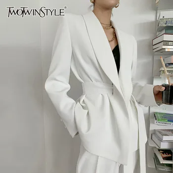 TWOTWINSTYLE Blazer Putih Elegan untuk Wanita Ikat Pinggang Tunik Lengan Panjang Berlekuk Blazer Minimalis Solid Fashion Wanita Musim Semi Baru