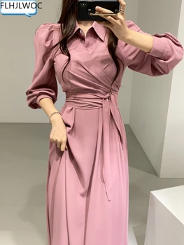 Gaun Kemeja Merah Muda Bertali Satu Potong Satu Potong Wanita Mode Kantor Elegan Fenimine Korea Chic 2022 Gaun Kemeja Merah Muda Bertali Retro Vintage Maxi Panjang Satu Potong