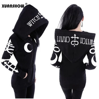 XUANSHOW Kaus Hoodies Wanita 2022 Pakaian Cetak Huruf Bulan Punk Gothic Jaket Lengan Panjang Musim Gugur Musim Dingin Mantel Wanita Ritsleting