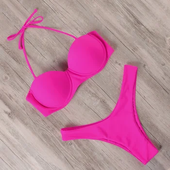 Bikini Bikini Brasil Warna Solid Wanita 2022 Set Bikini Bra Push-Up Bra Dua Potong Pakaian Renang Bikini Wanita Seksi Bikini