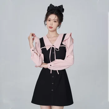 Gaun Wanita Elegan Kasual Kantor Vintage Wanita Mode Korea Baru Gaya Preppy Lengan Panjang Gaun Kuliah Anak Perempuan Kawaii 2023