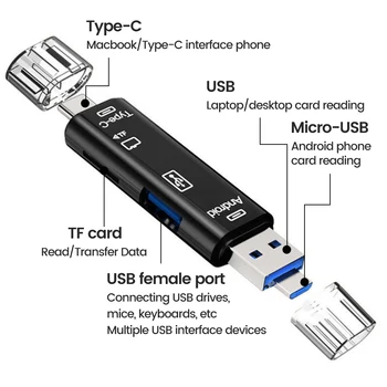 5 in 1 Multifungsi Usb 3.0 Tipe C / Usb / Micro Usb/Tf / SD Pembaca Kartu Memori Adaptor Pembaca Kartu OTG Aksesori Ponsel