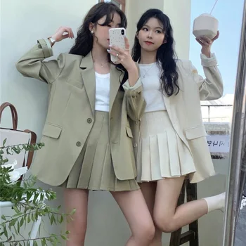 Blazer Musim Semi Wanita 2 Set Dua Potong Jaket Single Breasted Gaya Korea Atasan & Setelan Rok Lipit Mini Pinggang Tinggi