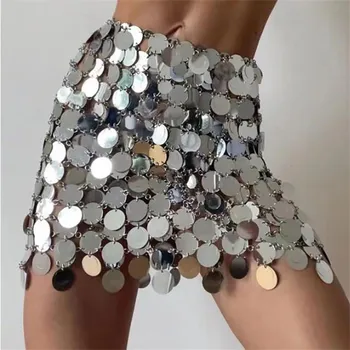 Solid Y2k Payet Mengkilap Rok Mini Seksi untuk Wanita Berongga Tembus Pandang Payet Melingkar Di Luar Streetwear Rok Wanita Berkilau