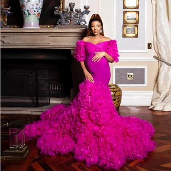 Gaun Bersalin Putri Duyung Lengan Bengkak Fuchsia Mode Baru Gaun Kehamilan Ruffle Tulle Subur Mewah untuk Jubah Fotografi