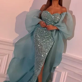 Gaun malam prom selubung bungkus jala seksi Penjualan Panas Baru 2022 Gaun Malam Putri Duyung Belahan Samping Lengan Panjang Leher V Dalam