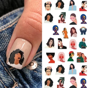 1 lembar Pop Gadis Wanita dengan Topi Stiker Kuku Stiker Slider Desain Wajah Abstrak Stiker untuk Dekorasi Seni Kuku Tips