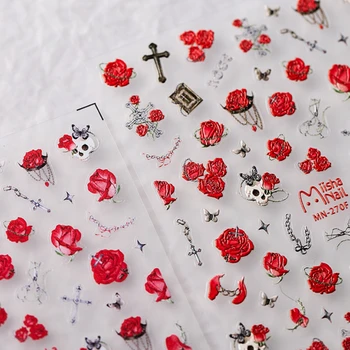 Tengkorak Mawar Merah 5D Relief Timbul Lembut Stiker Seni Kuku Berperekat Horor Desain Boneka Gelap Stiker Manikur 3D Grosir