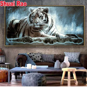 Ukuran Besar 5d Diy Lukisan Berlian Harimau Hitam dan Putih Bordir Berlian Gambar Seni Hewan untuk Ruang Tamu Dekorasi Cuadros