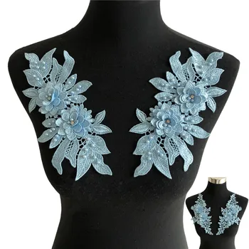 Sepasang Gaun Berlian Imitasi 3D mutiara ABS Berongga Poliester Bunga Biru Sulaman Renda DIY Cantik semua untuk Aplikasi Menjahit