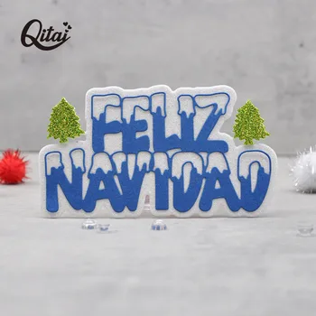 QITAI Kata-kata Spanyol Feliz Navidad Pemotongan Logam Mati Selamat Natal untuk Kerajinan Kertas Scrapbooking Stensil Kartu DIY 2022 Baru