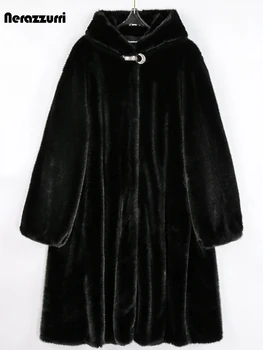 Nerazzurri Mantel Bulu Cerpelai Imitasi Berbulu Tebal Hitam Panjang Musim Dingin untuk Wanita Pakaian Musim Dingin dengan Tudung Jaket Berbulu Mewah 6xl 7xl