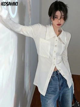 KOSAHIKI Blus Kancing Antik Fashion Korea Kemeja Putih Femme Kardigan Korset Estetika Punk Y2k Wanita Pakaian Alt Blusas